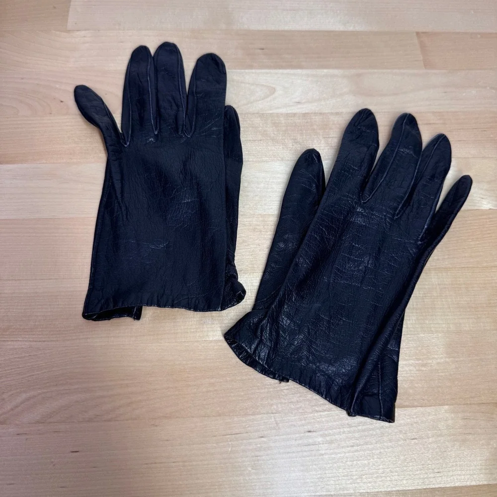 Vintage French Real Kid Black Leather Silk Lined Gloves‎ Women Size 6.5 France